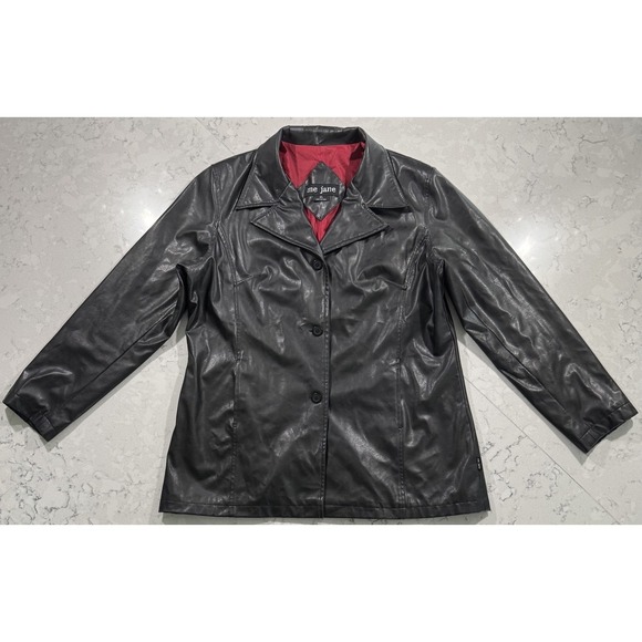 Me Jane Jackets & Blazers - VTG Me Jane Blazer Jacket Womens XL Black Faux Leather Red Lining Grunge Y2K